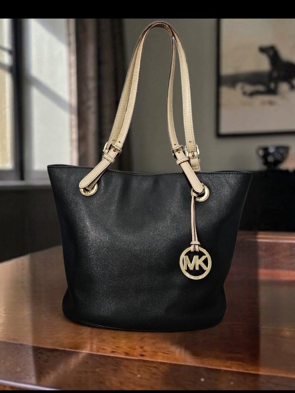 Michael Kors Jet Set Black Leather Shoulder Hobo Tote Hand Bag COA